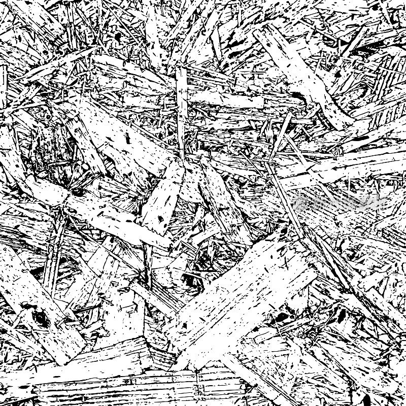 木片垃圾纹理。黑色灰尘Scratchy Pattern。抽象的背景。矢量设计作品。变形的效果。裂缝。